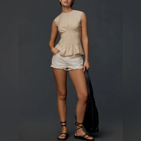 NWT ANTHRO | The Della Pleated Shell Top (Beige) - Picture 3 of 8